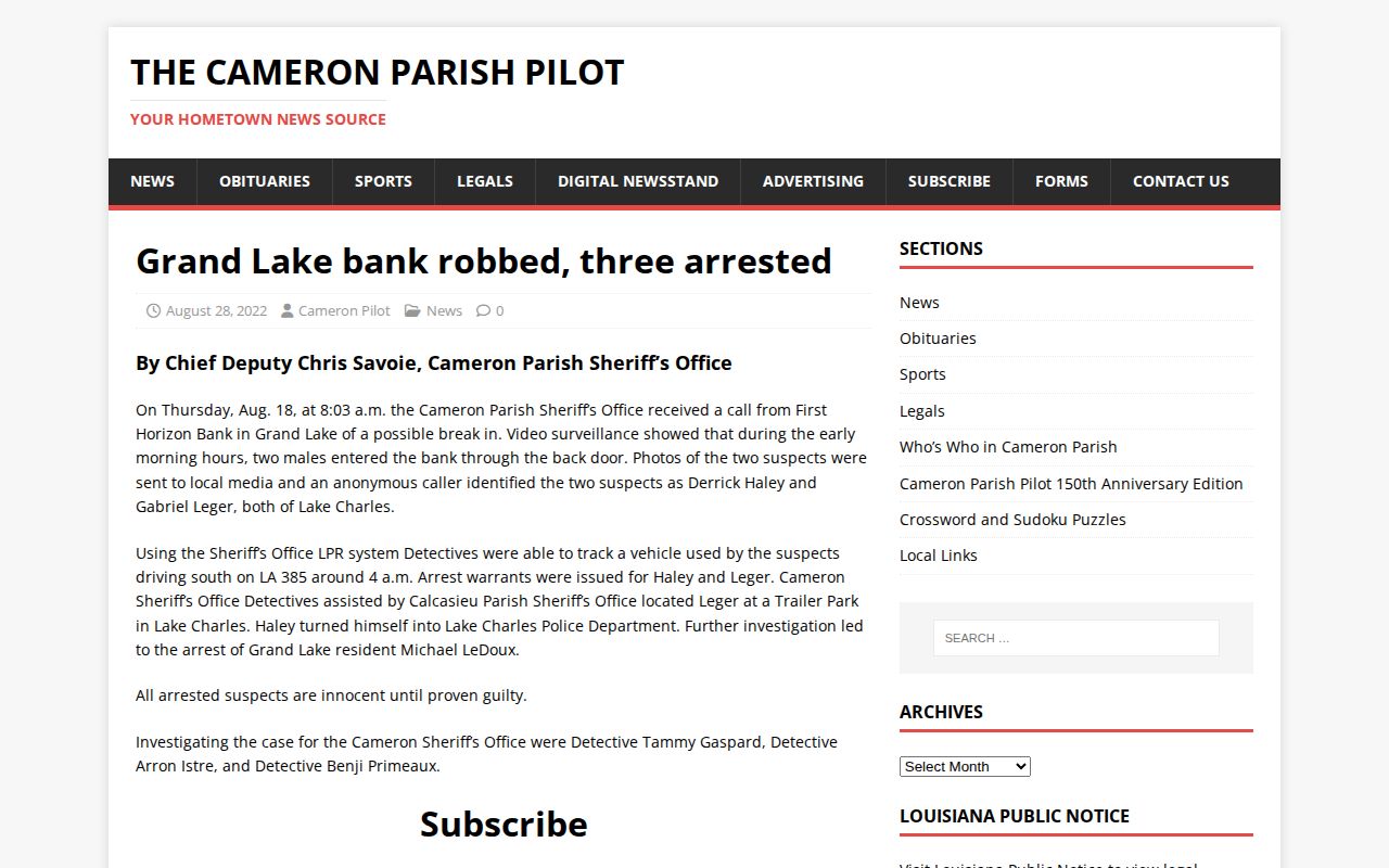 Cameron Parish Pilot arrest news report